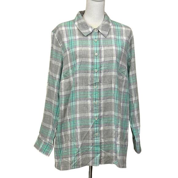 Talbots Plus green/gray/lurex brushed cotton plaid top, 2XL, utility, outdoors - Picture 1 of 6